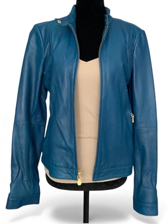 Banana Republic Leather Cropped Moto Jacket Blue SZ S - Picture 5 of 12